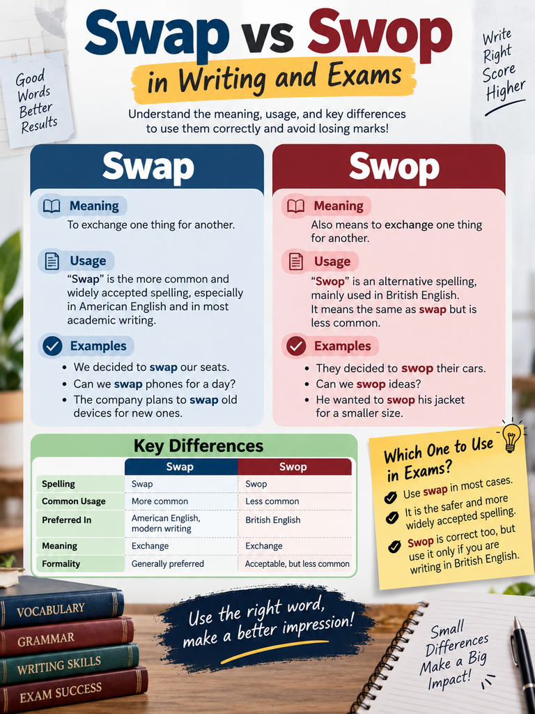 Swap vs Swop in Writing and Exams