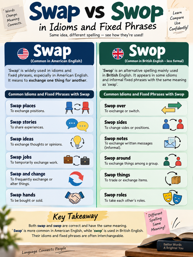 Swap vs Swop in Idioms and Fixed Phrases