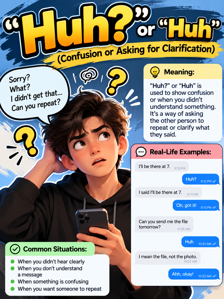 "Huh?" or "Huh" (confusion or asking for clarification)